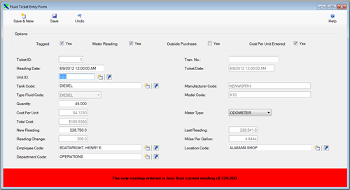 The Fuel Ticket Entry window is displayed in Edit Mode from the FleetWise VB Fleet Maintenance Software. Click on the picture to display the full size version.
