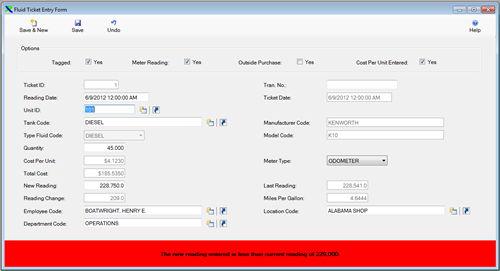 The Fuel Ticket Entry window is displayed in Edit Mode from the FleetWise VB Fleet Maintenance Software.  Click on the picture to display the full size version.