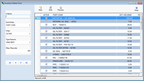 The Inventory Master Form is displayed in browse mode from the FleetWise Lite Fleet Maintenance Software. Download a free working copy of the Fleet Maintenance Software. FleetWise Lite starts at only $100.00.