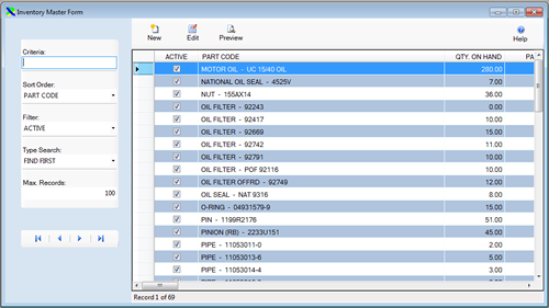 The Inventory Master Form is displayed in browse mode from the FleetWise Lite Fleet Maintenance Software.  Download a free working copy of the Fleet Maintenance Software.  FleetWise Lite starts at only $100.00.