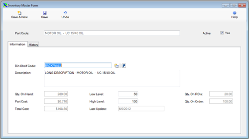 The Inventory Master form is displayed in edit mode from the FleetWise Lite Fleet Maintenance Software.  Download a free working copy of the Fleet Maintenance Software.  FleetWise Lite starts at only $100.00.