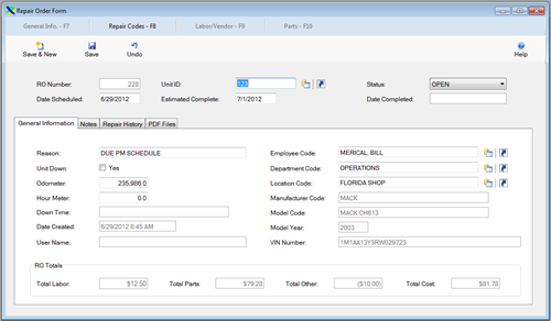 The Repair Order edit window is displayed from the FleetWise VB Fleet Maintenance Software. This is the general information portion of the repair order. Click on the picture to display a full size version.