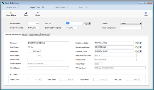 The Repair Order edit window is displayed from the FleetWise VB Fleet Maintenance Software.   This is the general information portion of the repair order.  Click on the picture to display a full size version.