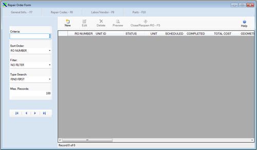 The Repair Order Browse window with no records selected is displayed from the FleetWise VB Fleet Maintenance Software. Click on the picture to display a full size version.