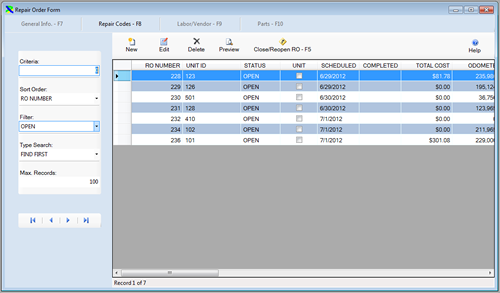 The Repair Order Browse window with open RO’s selected is displayed from the FleetWise VB Fleet Maintenance Software. Click on the picture to display a full size version.
