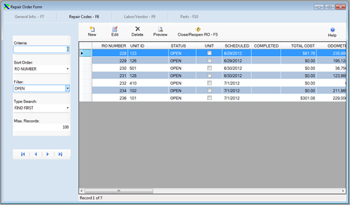 The Repair Order Browse window with open RO’s selected is displayed from the FleetWise VB Fleet Maintenance Software.  Click on the picture to display a full size version.