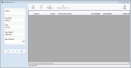 The Unit Master Table is displayed without any units selected from the FleetWise Lite Fleet Management Software.  Download a free working copy of the Fleet Maintenance Software.  FleetWise Lite starts at only $100.00.