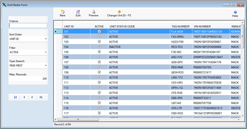 The Unit Master Table is displayed with units selected from the FleetWise Lite Fleet Management Software.  Download a free working copy of the Fleet Maintenance Software.  FleetWise Lite starts at only $100.00.