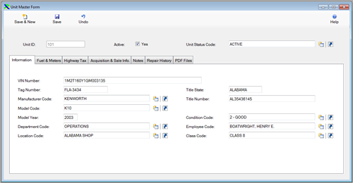 The General Information Tab of Unit Master Table is displayed in edit mode from the FleetWise Lite Fleet Management Software.  Download a free working copy of the Fleet Maintenance Software.  FleetWise Lite starts at only $100.00.