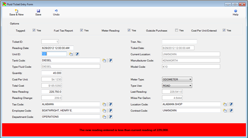 The Fuel Ticket Entry window is displayed in Edit Mode from the FleetWise VB Fleet Maintenance Software. Click on the picture to display the full size version.