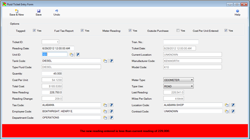 The Fuel Ticket Entry window is displayed in Edit Mode from the FleetWise VB Fleet Maintenance Software.  Click on the picture to display the full size version.