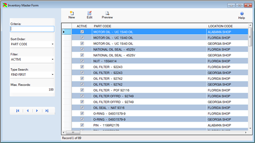The Inventory Table window is displayed in Browse Mode from the FleetWise VB Fleet Maintenance Software. Click on the picture to display the full size version.