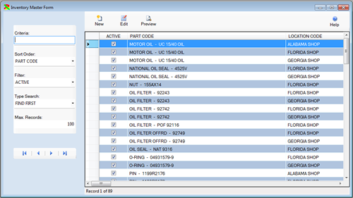 The Inventory Table window is displayed in Browse Mode from the FleetWise VB Fleet Maintenance Software.  Click on the picture to display the full size version.