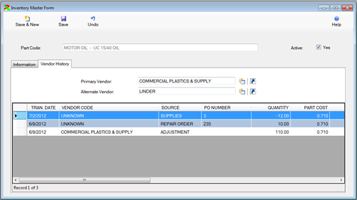 The Inventory Table Vendor Tab is displayed in Edit Mode from the FleetWise VB Fleet Maintenance Software. Click on the picture to display the full size version.
