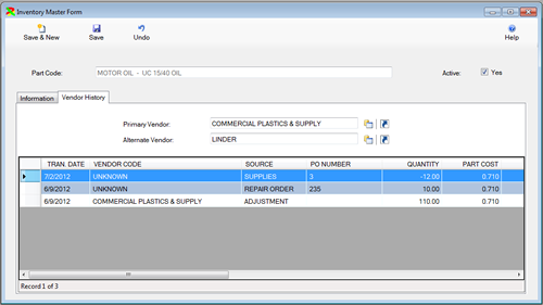 The Inventory Table Vendor Tab is displayed in Edit Mode from the FleetWise VB Fleet Maintenance Software.  Click on the picture to display the full size version.