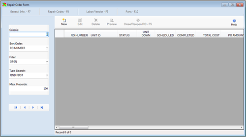 The Repair Order Browse window with no records selected is displayed from the FleetWise VB Fleet Maintenance Software. Click on the picture to display a full size version.