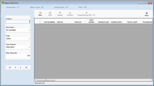 The Repair Order Browse window with no records selected is displayed from the FleetWise VB Fleet Maintenance Software.  Click on the picture to display a full size version.
