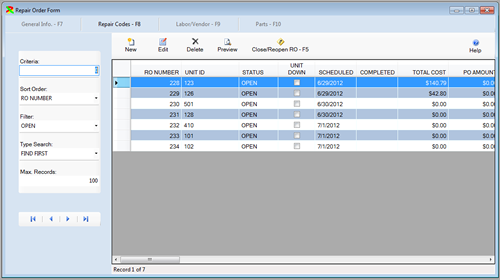 The Repair Order Browse window with open RO’s selected is displayed from the FleetWise VB Fleet Maintenance Software. Click on the picture to display a full size version.