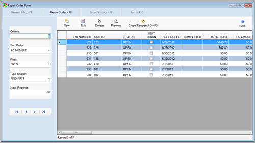 The Repair Order Browse window with open RO’s selected is displayed from the FleetWise VB Fleet Maintenance Software.  Click on the picture to display a full size version.