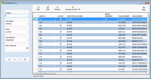The Unit Master window in browse mode with records is displayed from the FleetWise VB Fleet Maintenance Software.