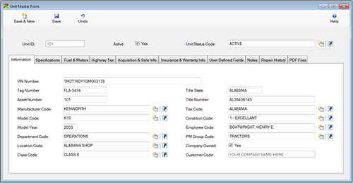 The General Information tab of the Unit Master window is displayed from the FleetWise VB Fleet Maintenance Software.  Click on the picture to display the full size version.