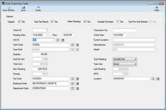 The Fluid Ticket Entry Table is displayed in browse mode with records from the FuelWise VB Fuel Management Software. Download a free working copy of our Fuel Management Software.