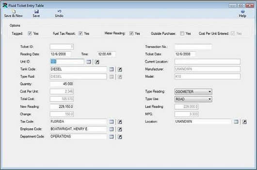 The Fluid Ticket Entry Table is displayed in browse mode with records from the FuelWise VB Fuel Management Software.  Download a free working copy of our Fuel Management Software.