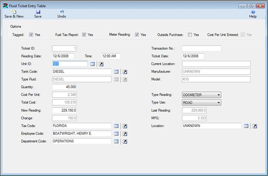 The Fluid Ticket Entry Table is displayed in edit mode from the FuelWise VB Fuel Management Software. Download a free working copy of our Fuel Management Software.