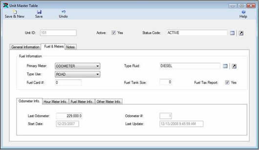 The Unit Master Table from the FuelWise Fuel Managment Software is displayed in edit mode.