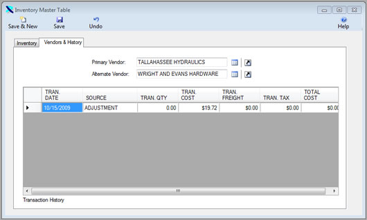 The Inventory Master Table is displayed with the Vendor and History Tab from the Inventory Wise Inventory Management Software. Click on the Download Free Software link to the right to download a free version of the Inventory Wise Inventory Management Software.