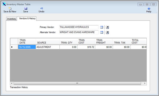 The Inventory Master Table is displayed with the Vendor and History Tab from the Inventory Wise Inventory Management Software.  Click on the Download Free Software link to the right to download a free version of the Inventory Wise Inventory Management Software.