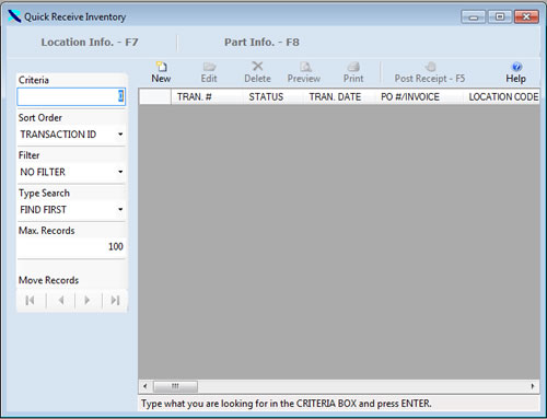 The Quick Receive Inventory Form from the InventoryWise Inventory Management System is displayed without records.