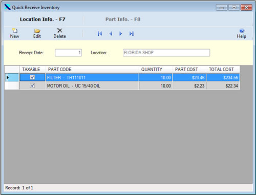 The Quick Receive Inventory Form from the InventoryWise Inventory Management System is displayed with parts listed in browse mode.