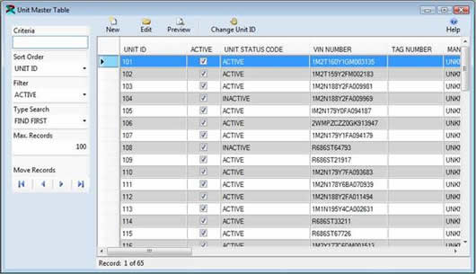 The Unit Master Table from the FuelWise Fuel Managment Software is displayed in browse mode with records.